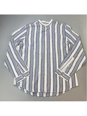Zara Shirt Mens XL Blue White Linen Striped Band Collar Popover Euro Summer Mint